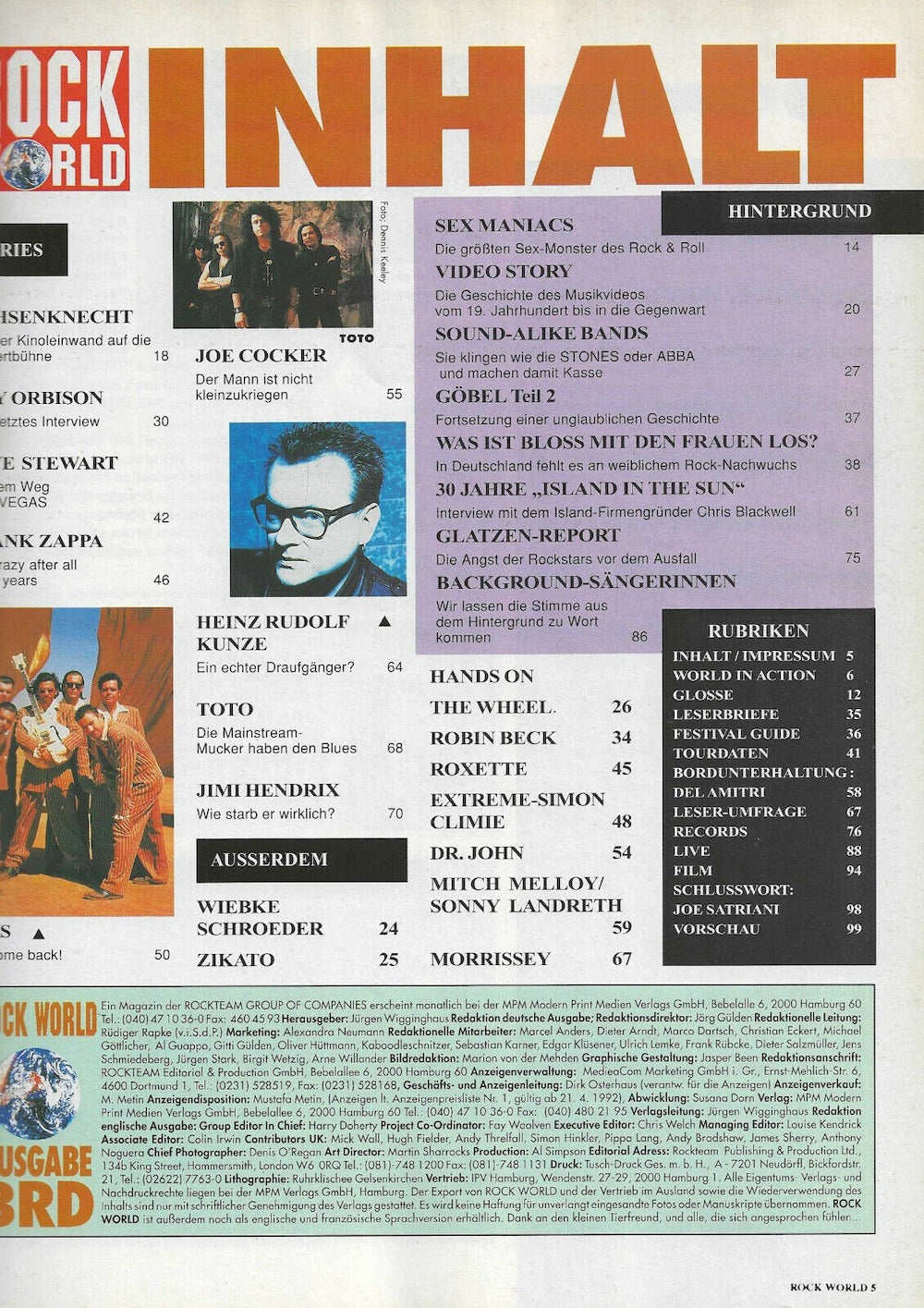 Rock World Magazin Deutschland 1992-03 INXS Kunze Joe Cocker Frank Zappa Toto