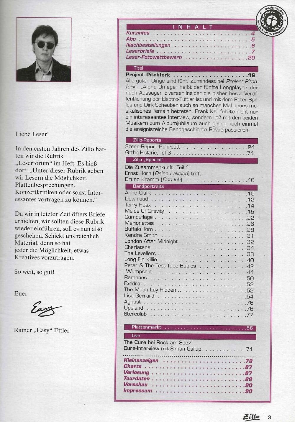 Zillo Magazin Deutschland 1995-09 Project Pitchfork The Cure Anne Clark Ramones