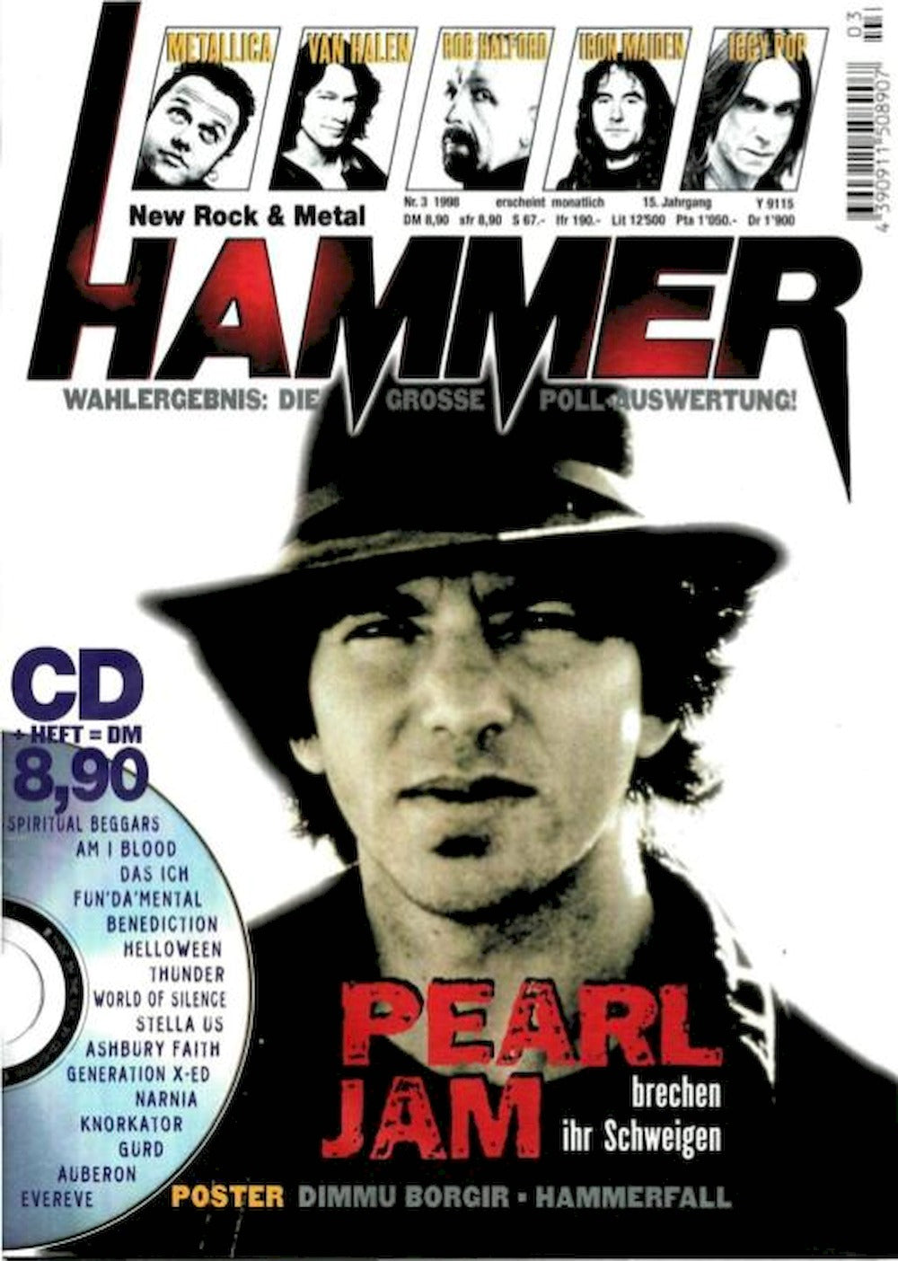 Metal Hammer Magazin Deutschland 1998-03 Pearl Jam Dimmu Borgir Hammerfall Helloween
