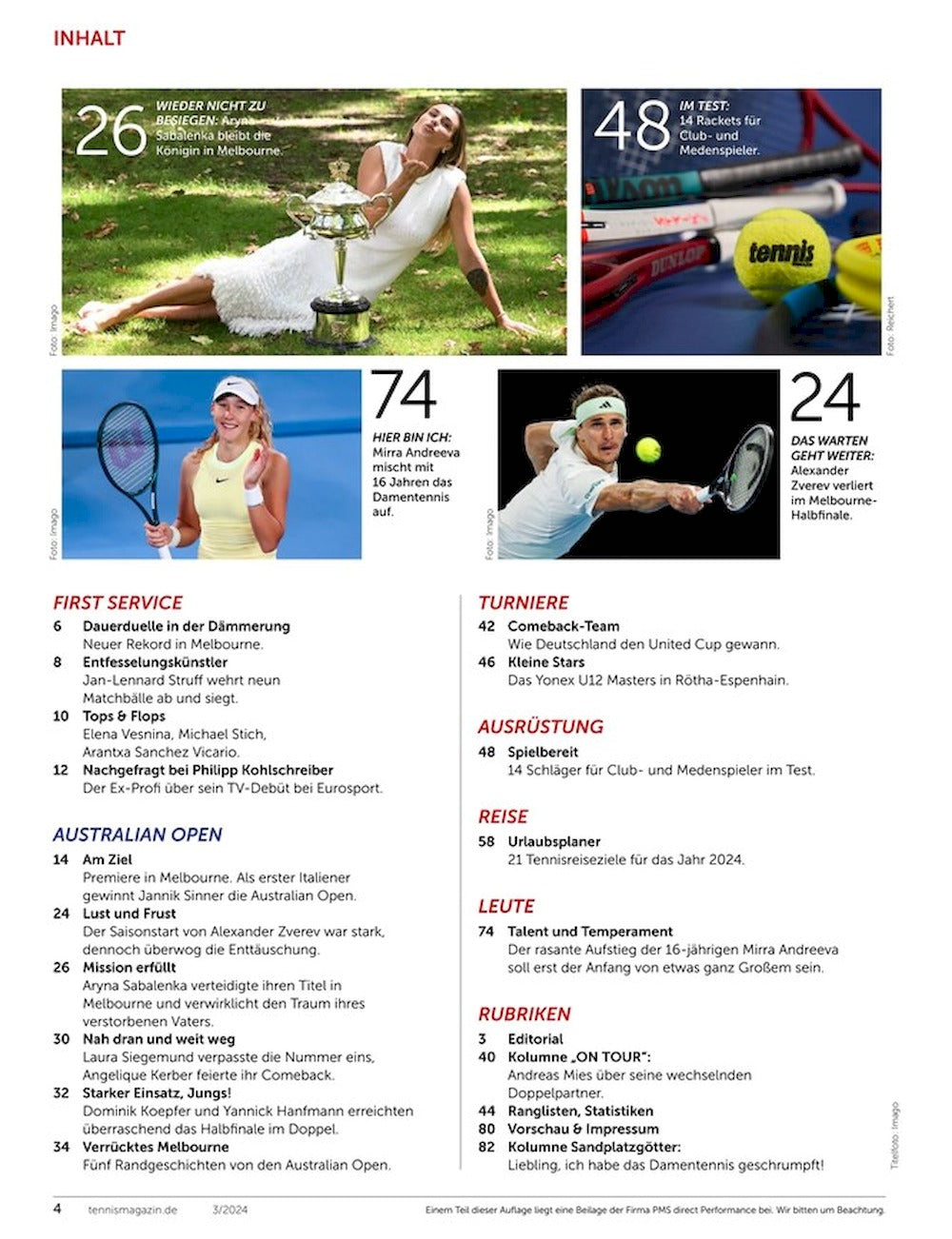 Tennis Magazin Deutschland 2024-03 Jannik Sinner Mirra Alexandrowna Andrejewa