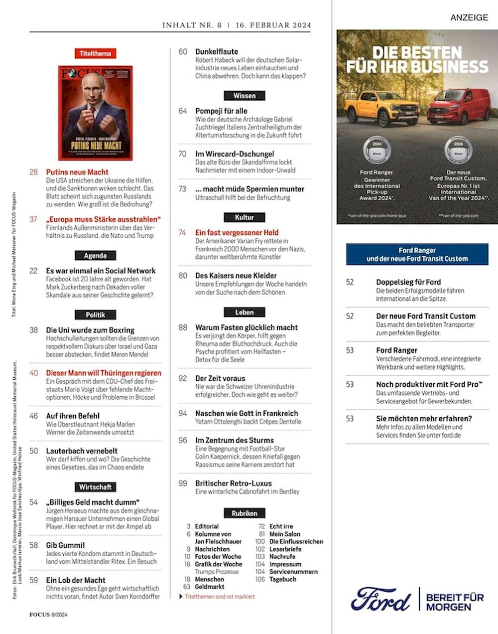 Focus Magazin Deutschland 2024-08 Putin Colin Kaepernick Zuckerberg