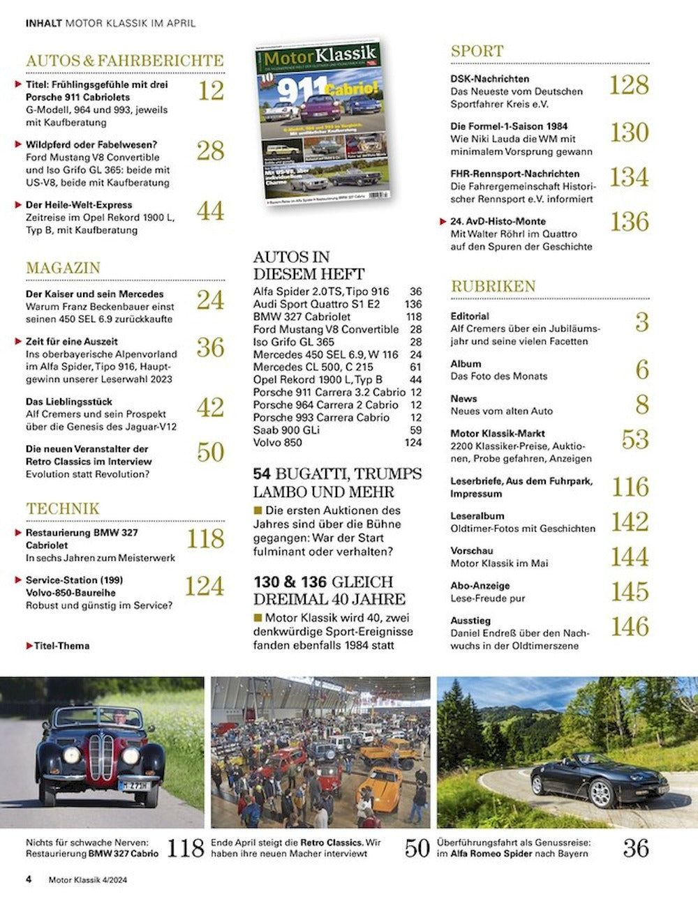 Motor Klassik Magazin Deutschland 2024-04 911 Cabrio Iso Grifo Ford Mustang