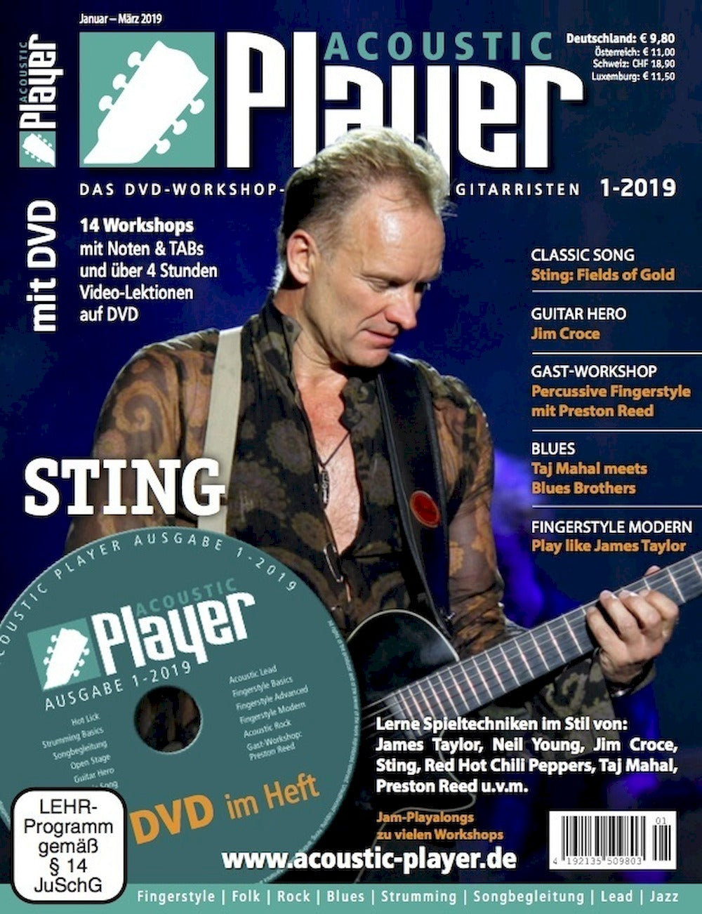 Acoustic Player Magazin Deutschland 2019-01 Sting Jim Croce Preston Reed James Taylor Neil Young