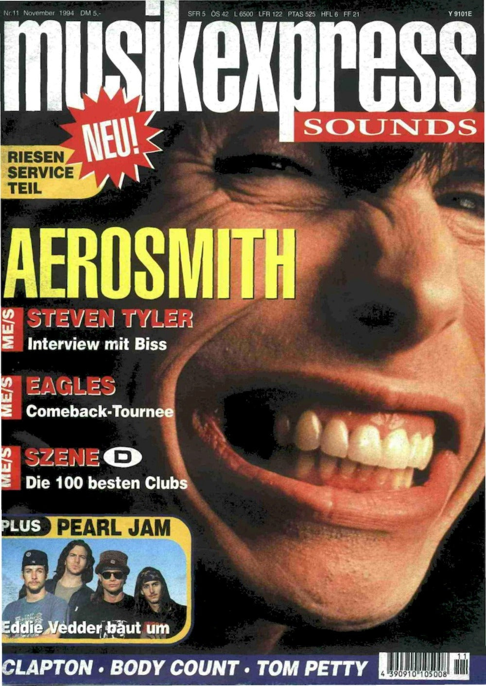 Musikexpress Magazin Deutschland 1994-11 Aerosmith Steven Tyler Eagles Pearl Jam Body Count