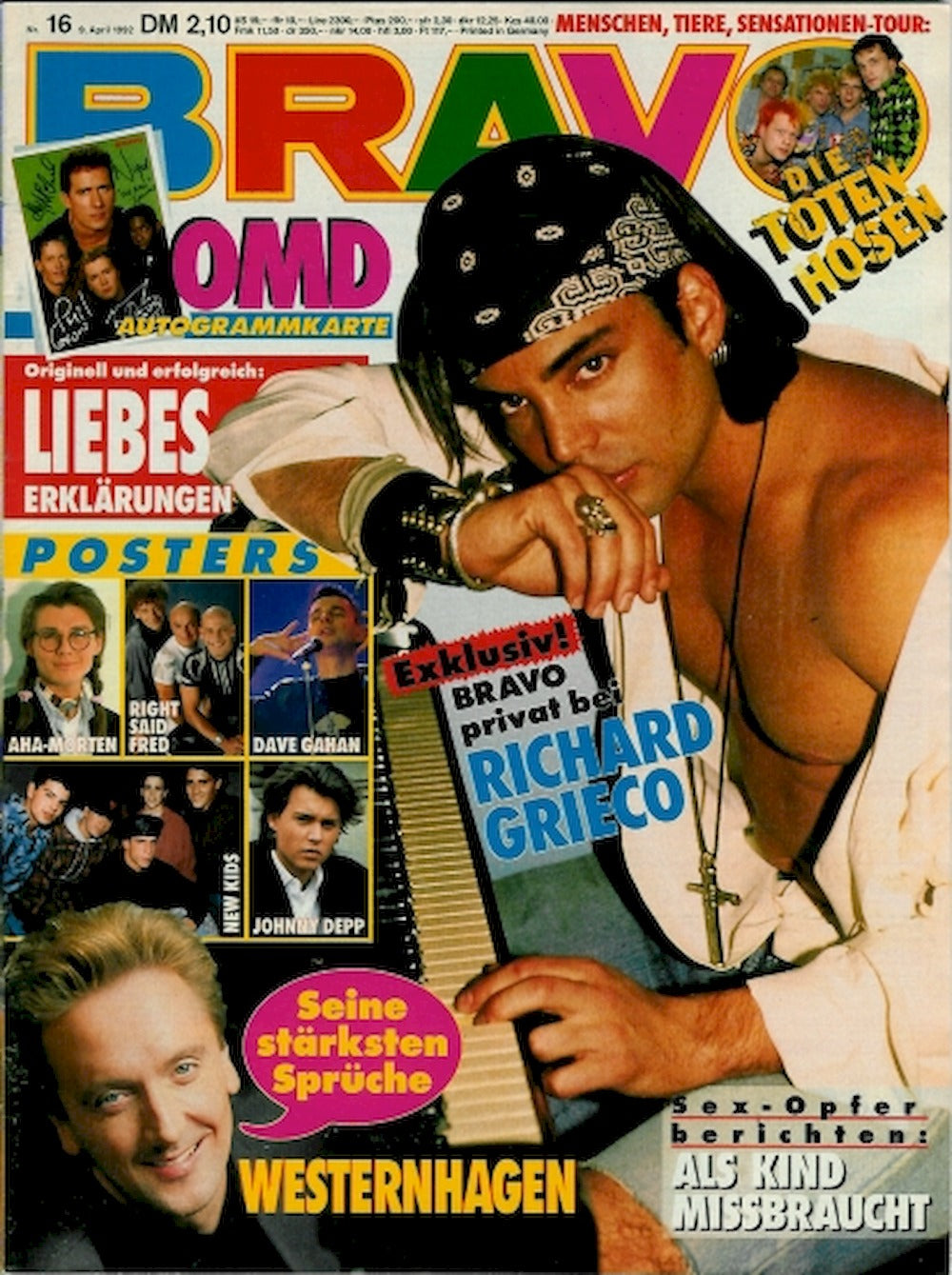 Bravo Magazin Deutschland 1992-16 Richard Grieco OMD Toten Hosen Westernhagen