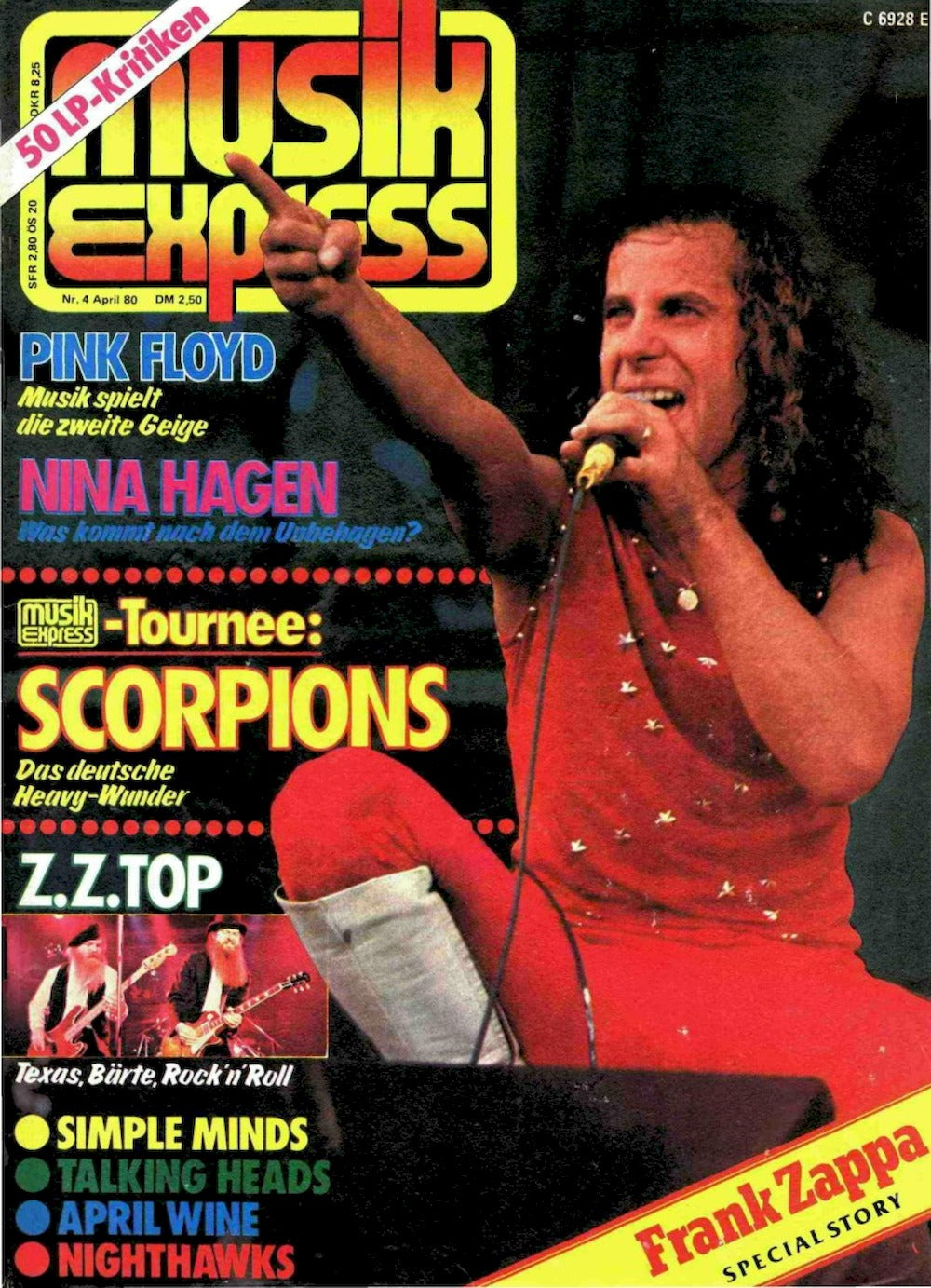 Musikexpress Sounds Magazin Deutschland 1980-04 Scorpions Frank Zappa Pink Floyd Nina Hagen ZZ TOP
