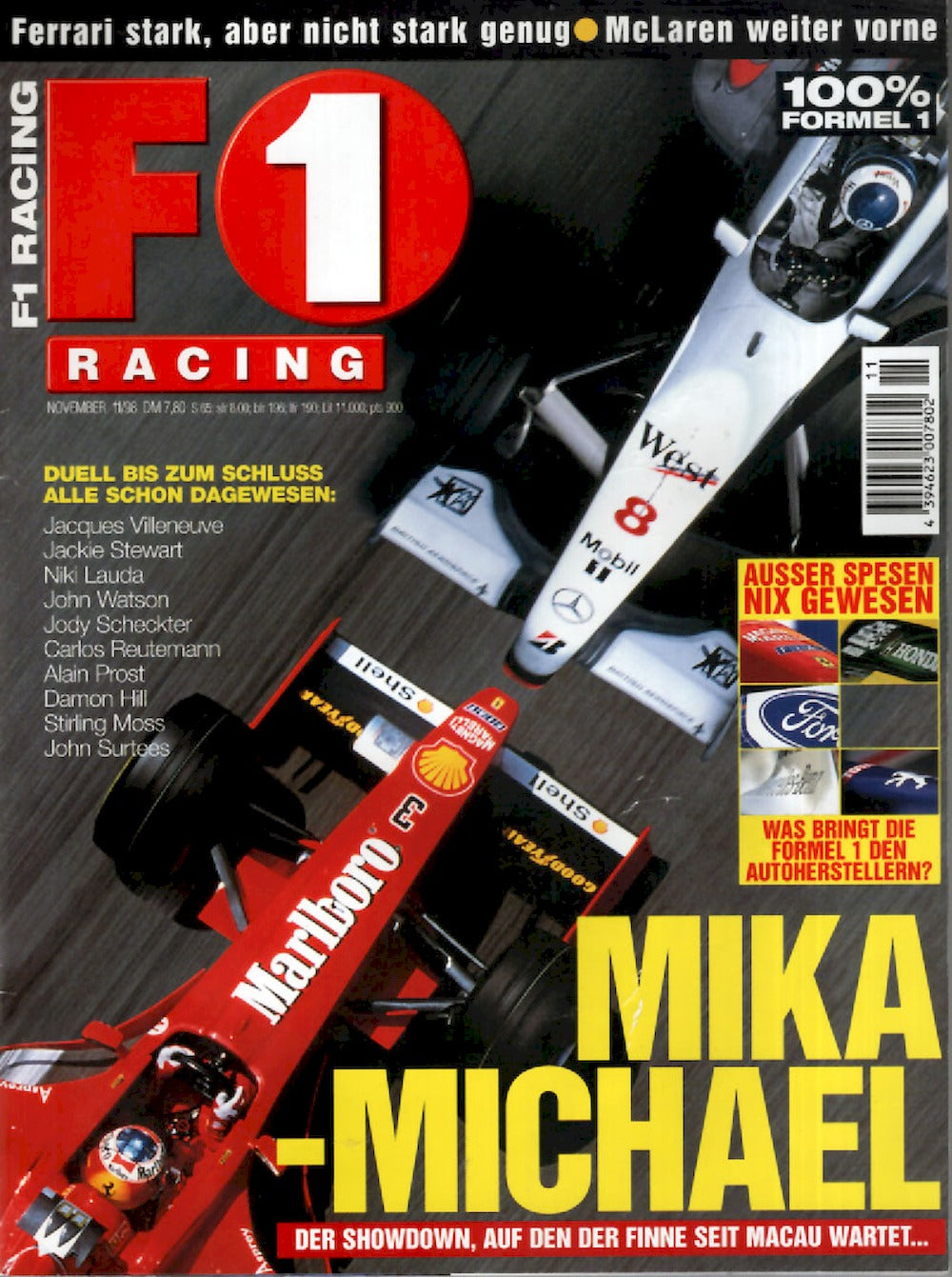 Formel 1 F1 Racing Magazin Deutschland 1998-11 Mika Häkkinen Michael Schumacher Jacques Villeneuve
