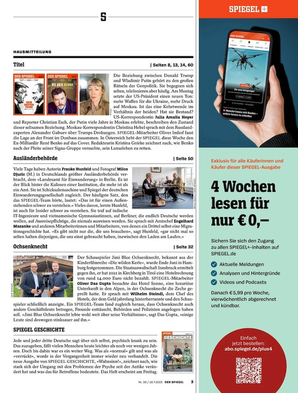 Der Spiegel Magazin Deutschland 2025-30 Donald Trump Putin
