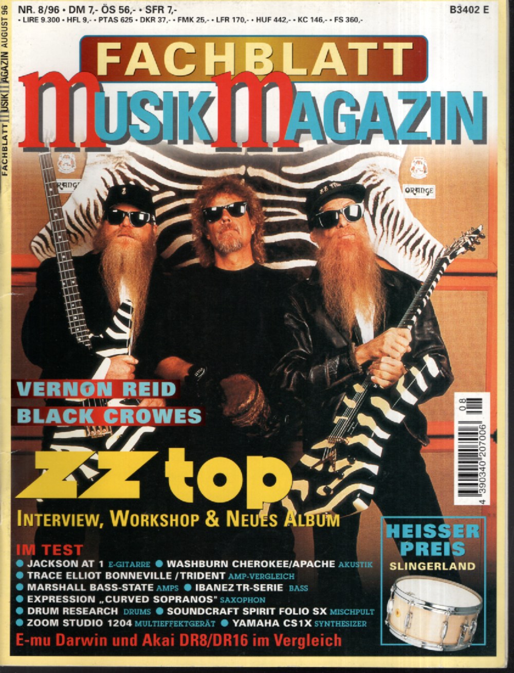 Fachblatt Musiker Magazin Deutschland 1996-08 ZZ Top Black Crowes Billy Gibbons Dusty Hill Vernon Reid