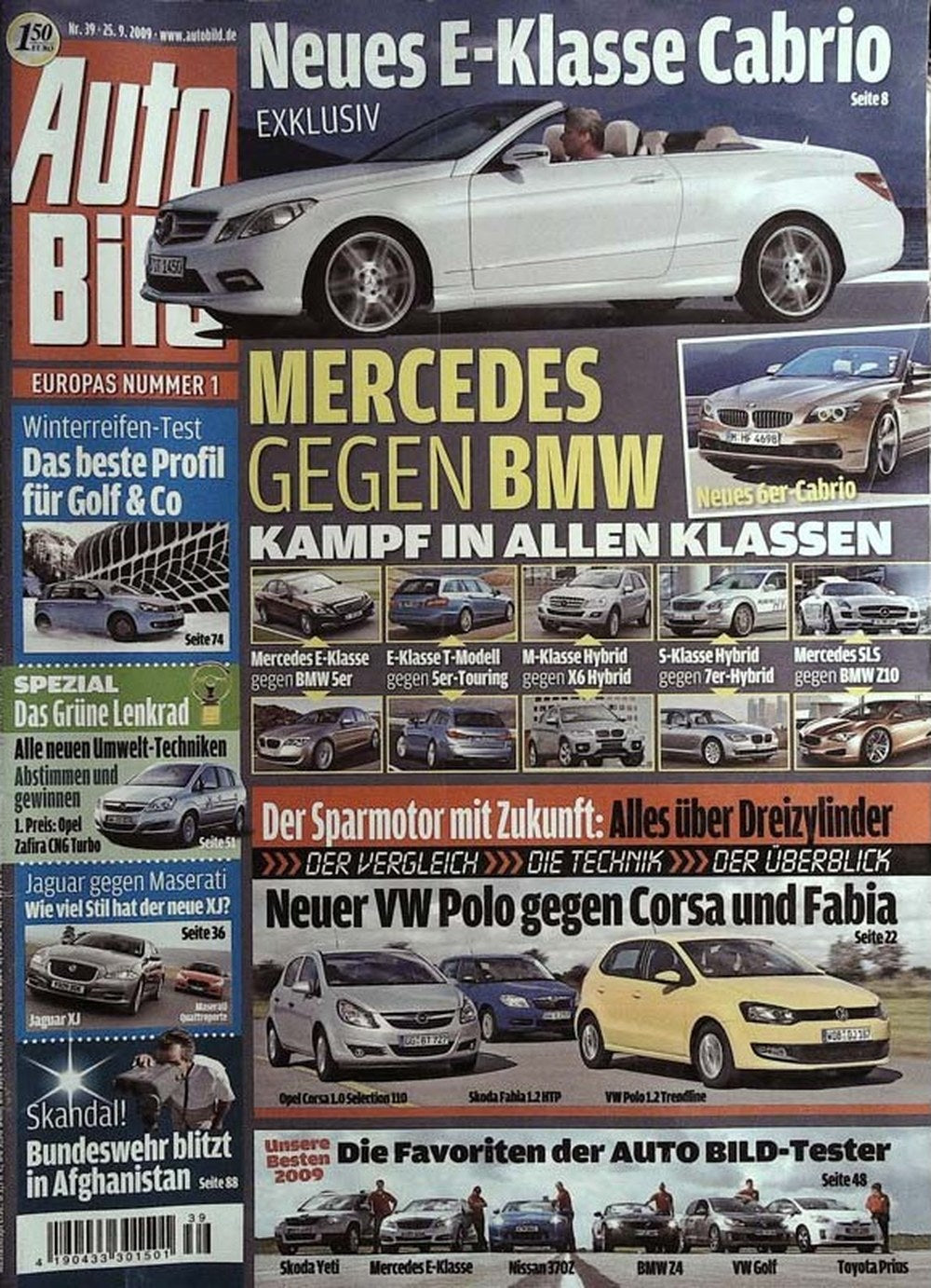Auto Bild Magazin Deutschland 2009-39 Mercedes E-Class Cabrio BMW 6er Cabrio Winterreifentest VW Golf