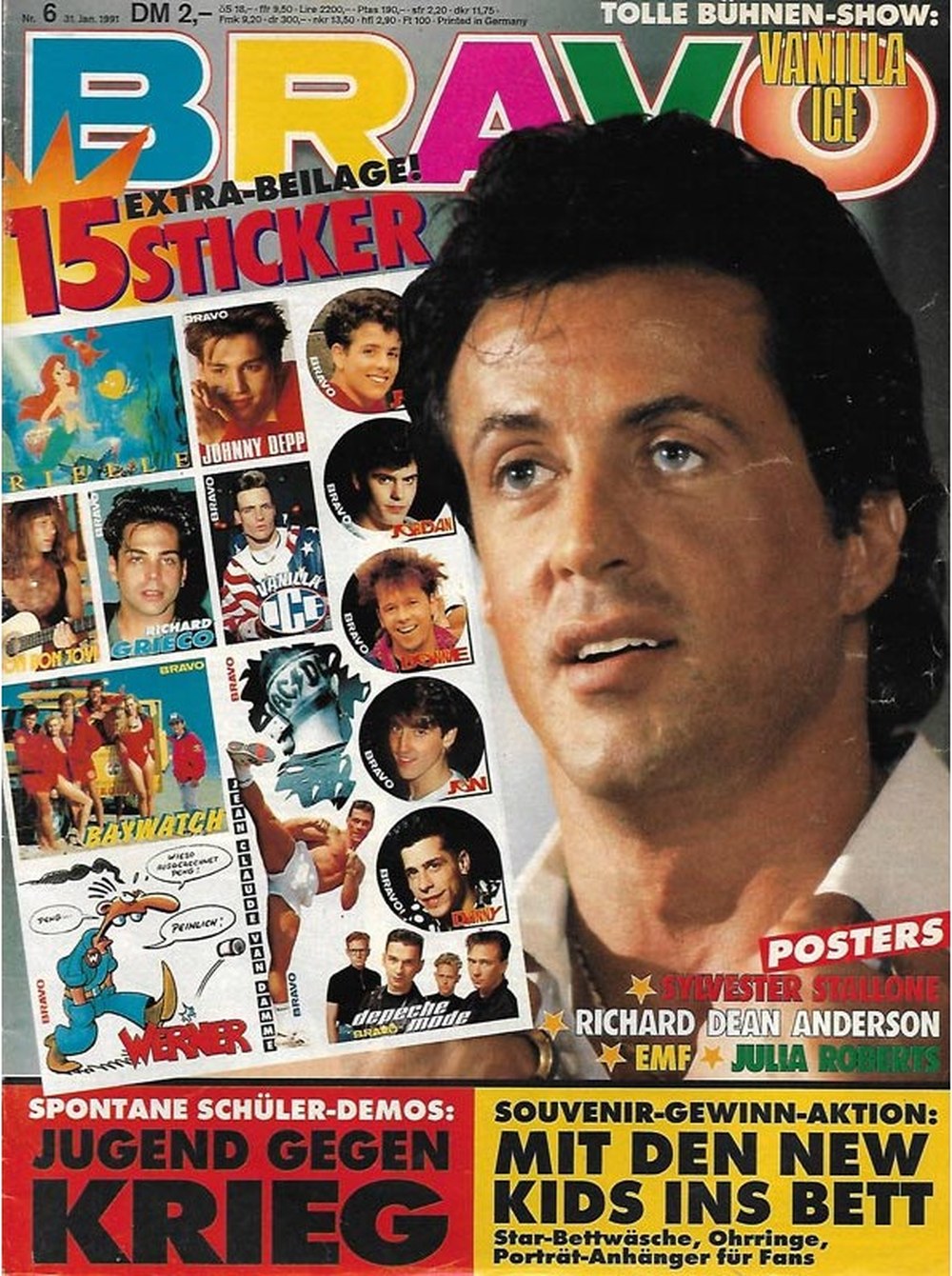 Bravo Magazin Deutschland 1991-06 Sylvester Stallone Vanilla Ice Johnny Depp Richard Grieco Richard Dean Anderson