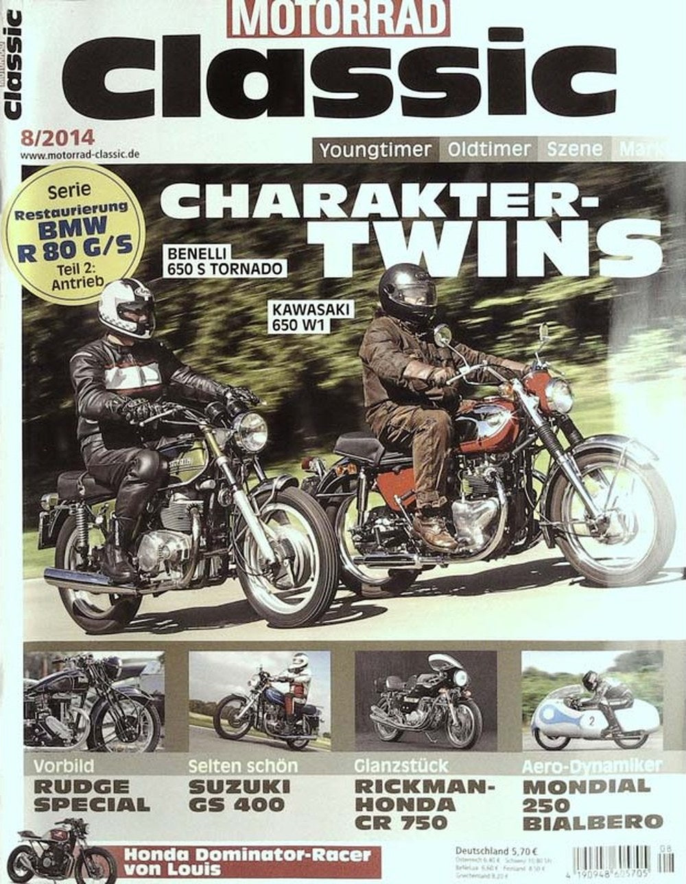 Motorrad Classic Magazin Deutschland 2014-08 Benelli 650 S Tornado Kawasaki 650 W1 Rudge Special Suzuki GS 400 Rickman-Honda CR 750