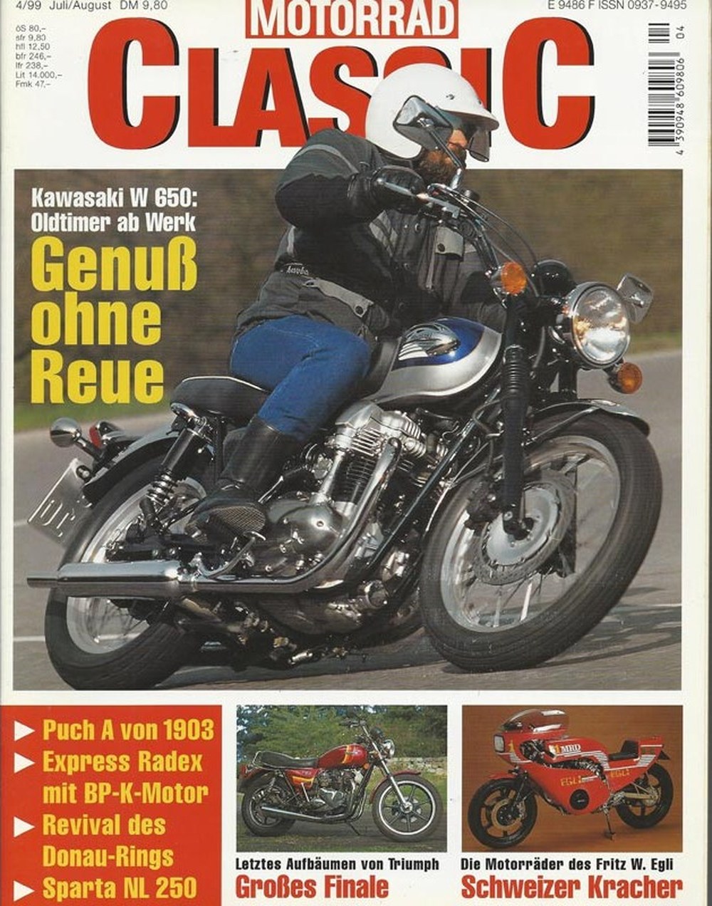 Motorrad Classic Magazin Deutschland 1999-04 Fritz W. Egli Triumph Kawasaki Puch Express Radex