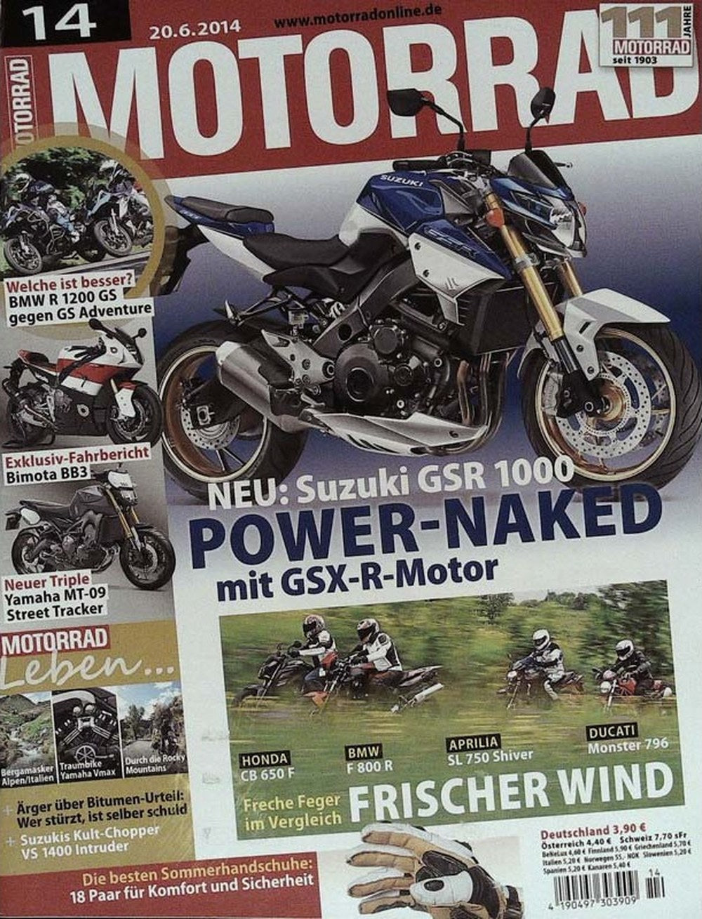Motorrad Magazin Deutschland 2014-14 Suzuki GSR 1000 BMW R 1200 GS Bimota BB3 Yamaha MT-09 Street Tracker Honda CB 650 F