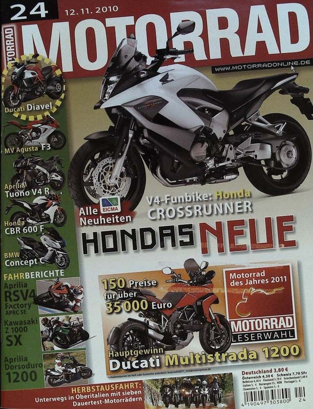 Motorrad Magazin Deutschland 2010-24 Honda Crossrunner V4 Ducati Diavel MV Agusta F3