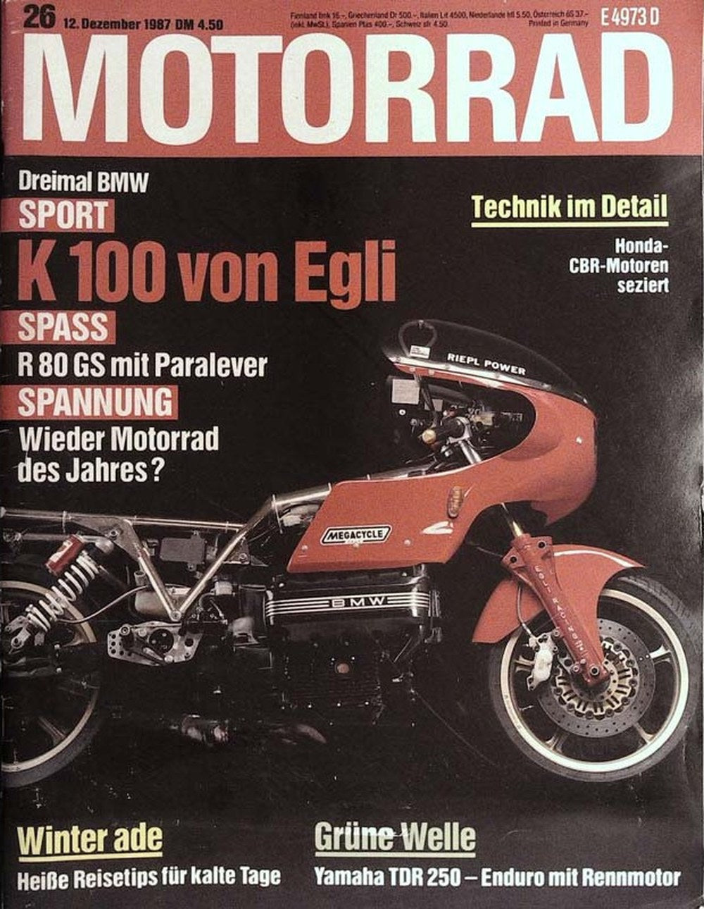 Motorrad Magazin Deutschland 1987-26 BMW K 100 Motorrad Dreirad