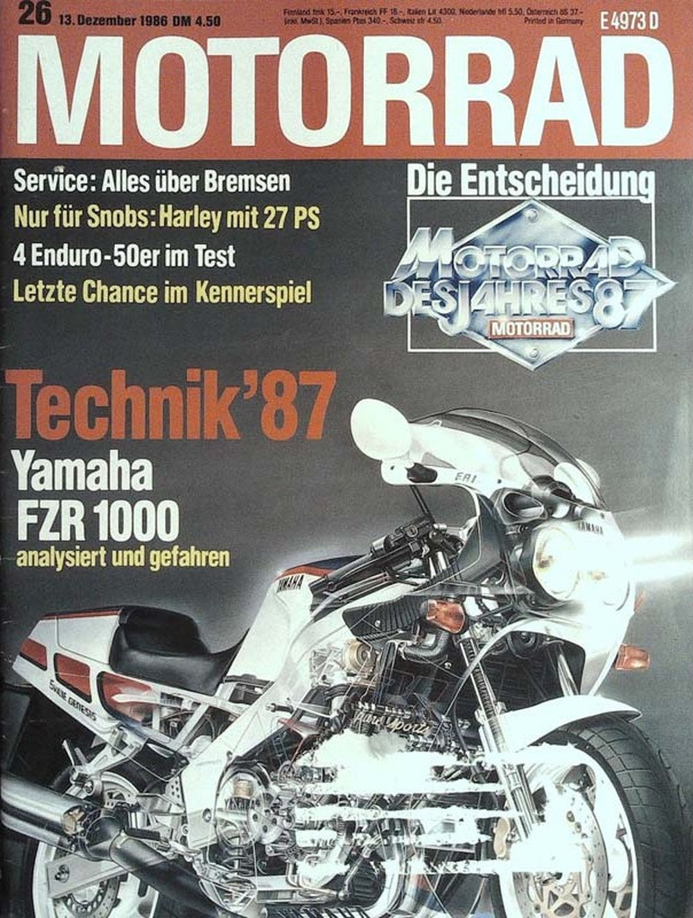 Motorrad Magazin Deutschland 1986-26 Yamaha FZR 1000 Motorrad-Technik 1987 Harley-Davidson 27 PS