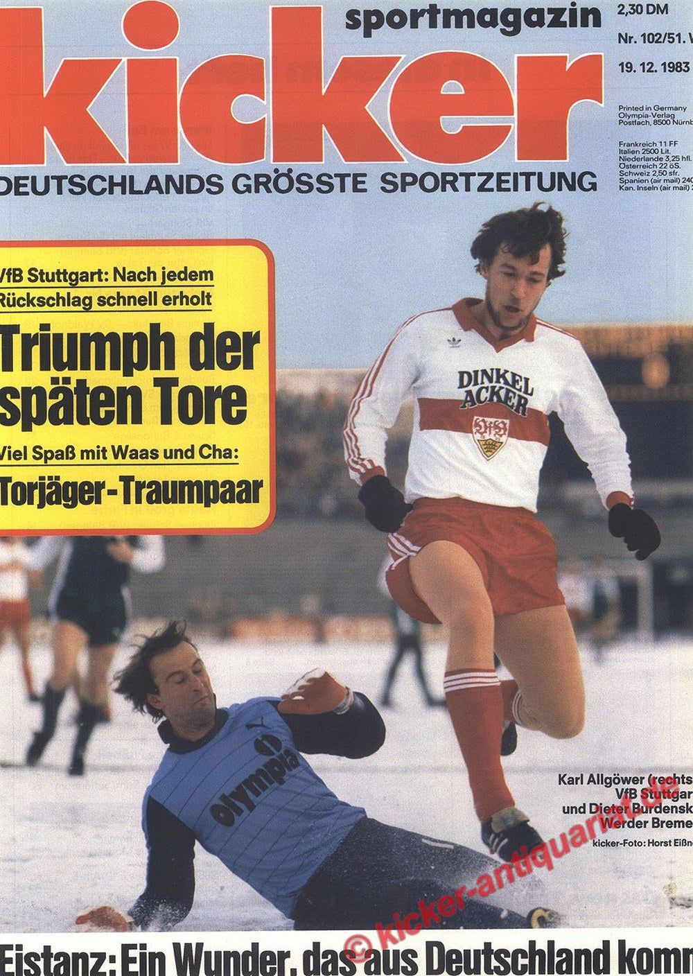 Kicker Magazin Deutschland 1983-102 Karl Allgöwer Dieter Burdenski VfB Stuttgart Werder Bremen