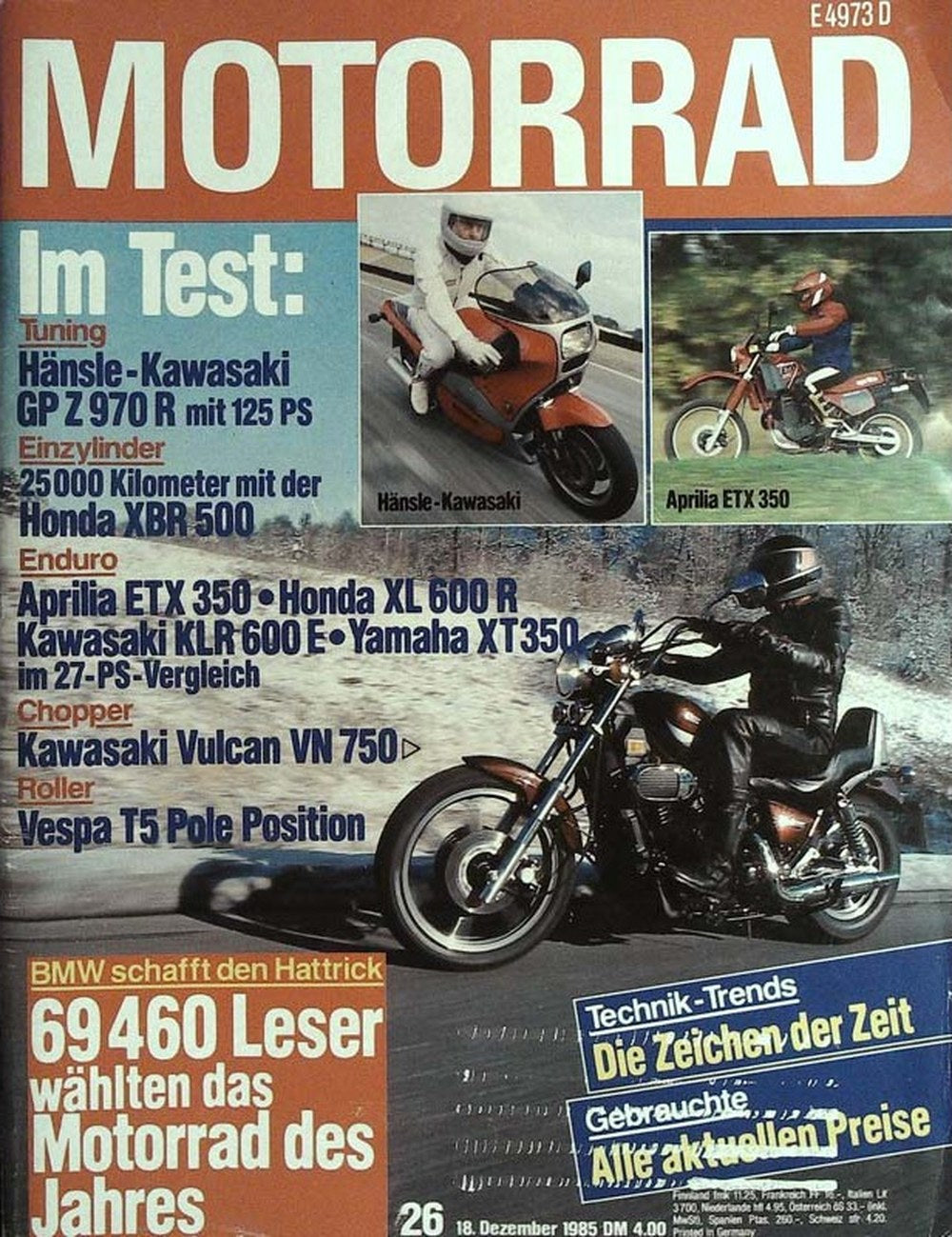 Motorrad Magazin Deutschland 1985-26 Hänsle-Kawasaki GP Z 970 R Honda XBR 500 Aprilia ETX 350