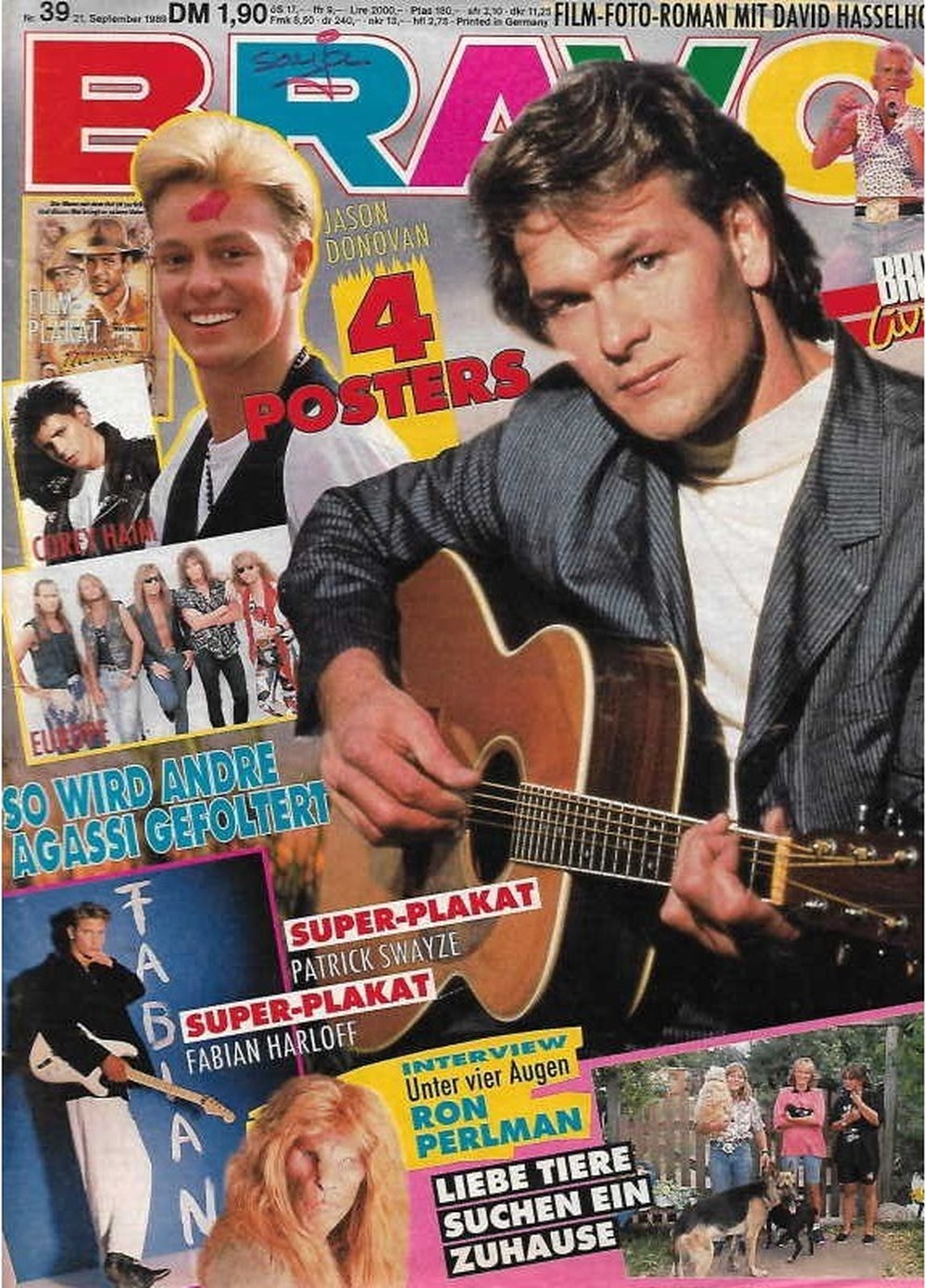 Bravo Magazin Deutschland 1989-39 Patrick Swayze Jason Donovan Fabian Harloff Andre Agassi Ron Perlman