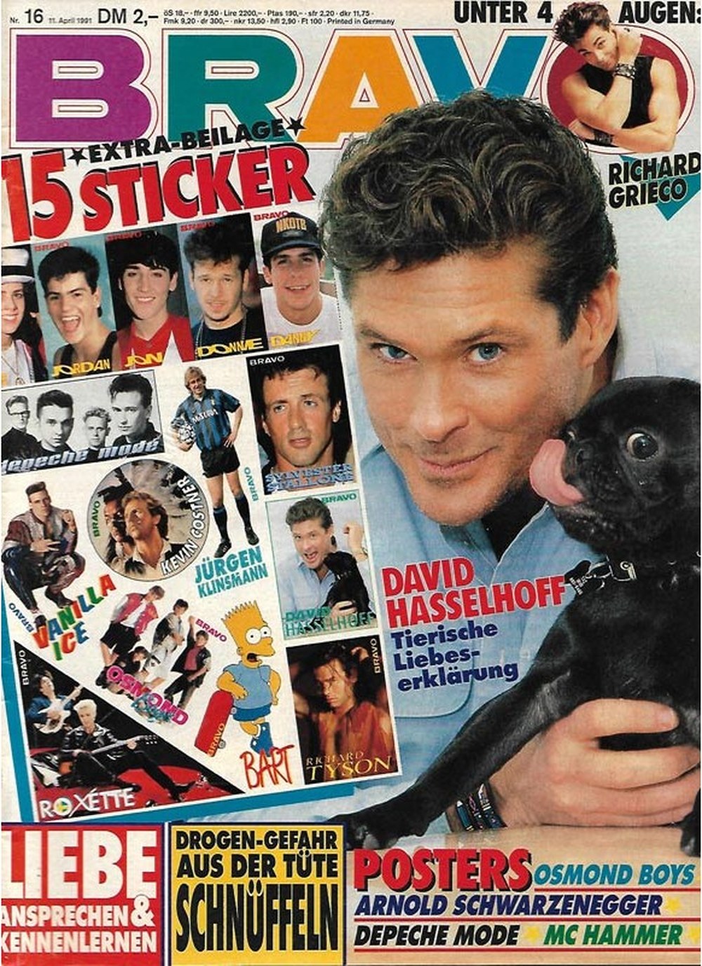 Bravo Magazin Deutschland 1991-16 David Hasselhoff Richard Grieco Vanilla Ice Jürgen Klinsmann Sylvester Stallone