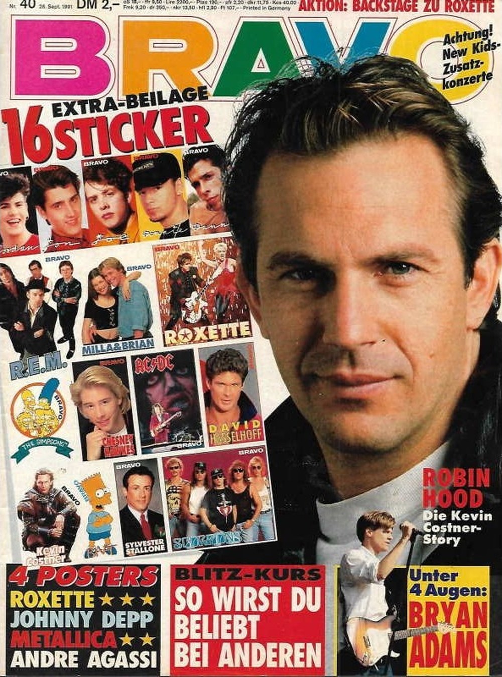 Bravo Magazin Deutschland 1991-40 Kevin Costner Bryan Adams Johnny Depp Andre Agassi David Hasselhoff