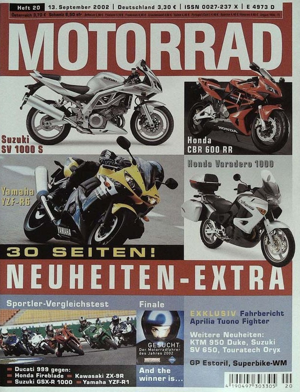 Motorrad Magazin Deutschland 2002-20 Suzuki SV 1000 S Honda CBR 600 RR Honda Varadero 1000