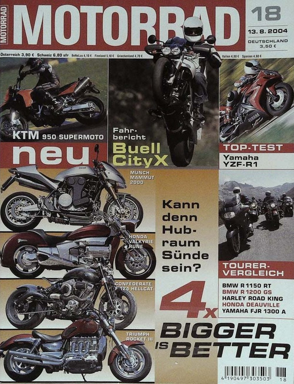 Motorrad Magazin Deutschland 2004-18 KTM 950 Supermoto Buell CityX Yamaha YZF-R1