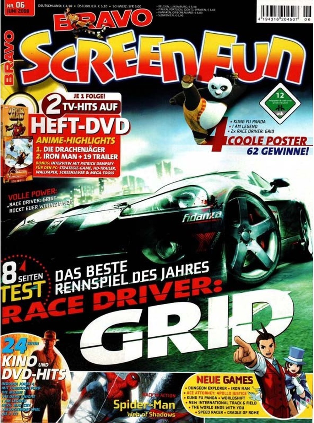 Bravo Screenfun Magazin Deutschland 2008-06 Race Driver: GRID Spider-Man Po Iron Man Phoenix Wright