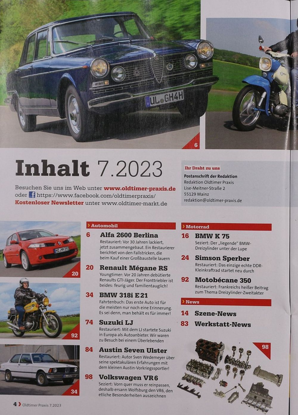 Oldtimer Praxis Magazin Deutschland 2023-07 Alfa 2600 Austin Seven Renault Megane
