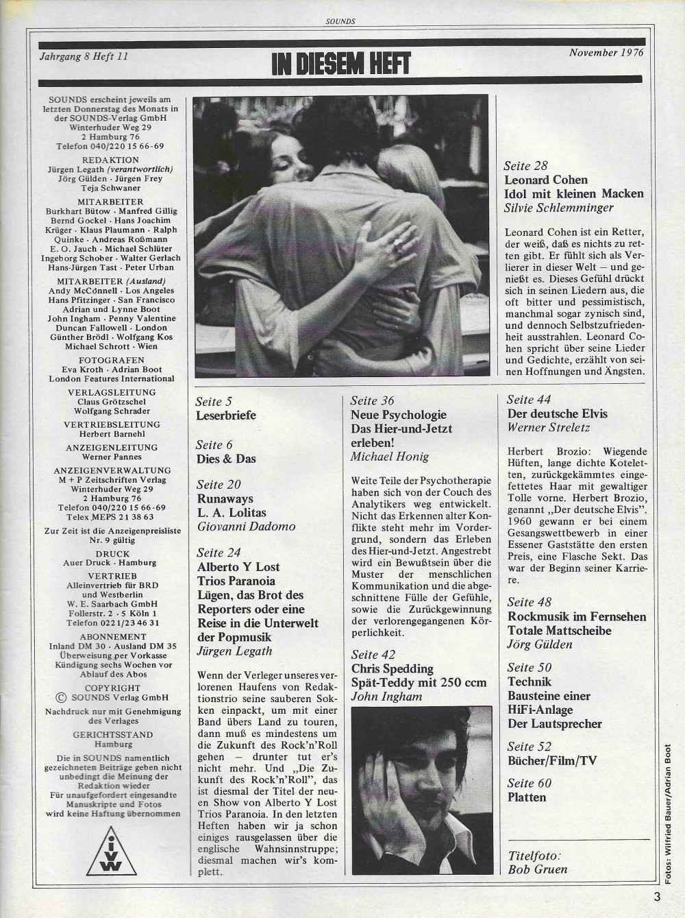 Sounds Magazin Deutschland 1976-11 Leonard Cohen Patti Smith Twiggy Hollies