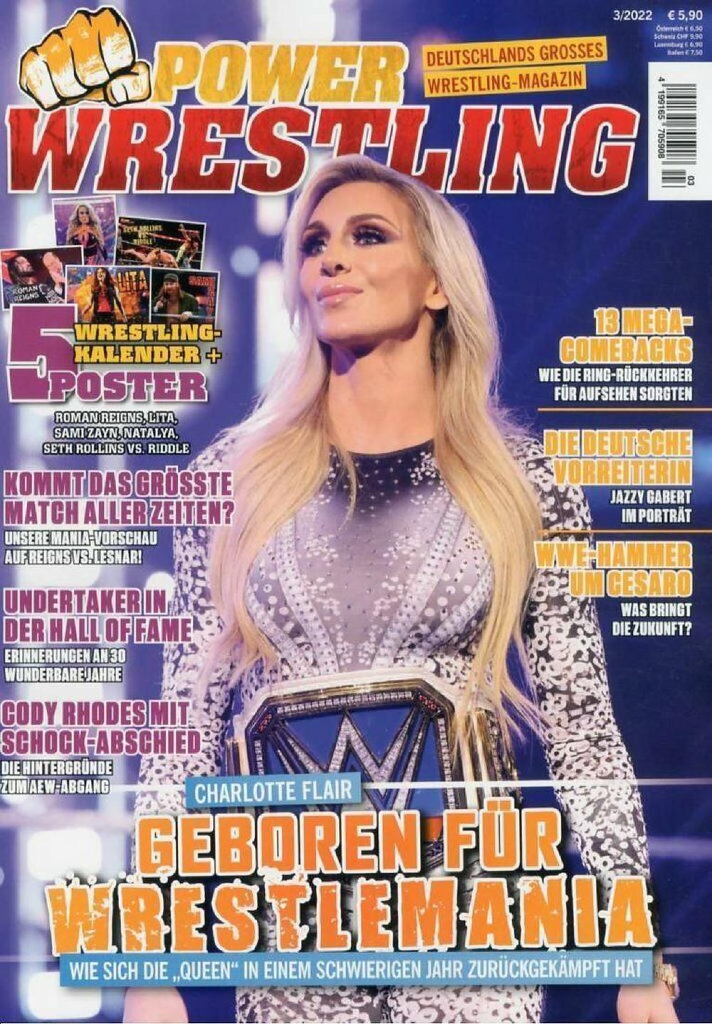 Power Wrestling Magazin Deutschland 2022-03 Charlotte Flair Roman Reigns + Poster